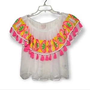 Miss June Paris Sheer Embroidered Sequin Tassel Off Shoulder Crop Top